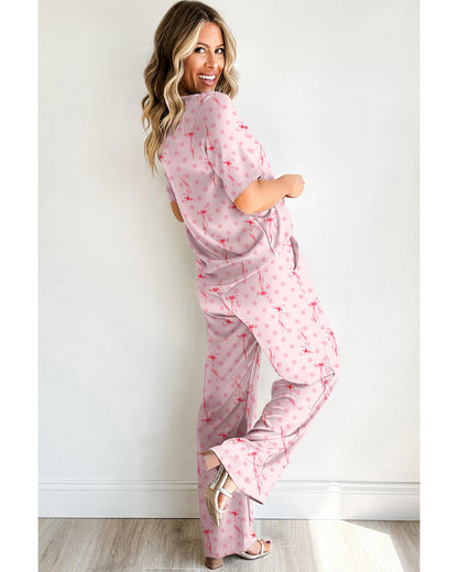 Pink Bow Knot Polka Dot Print Short Sleeve Top Lounge Set - S