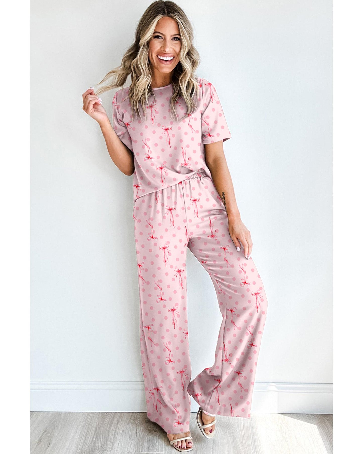 Pink Bow Knot Polka Dot Print Short Sleeve Top Lounge Set - S