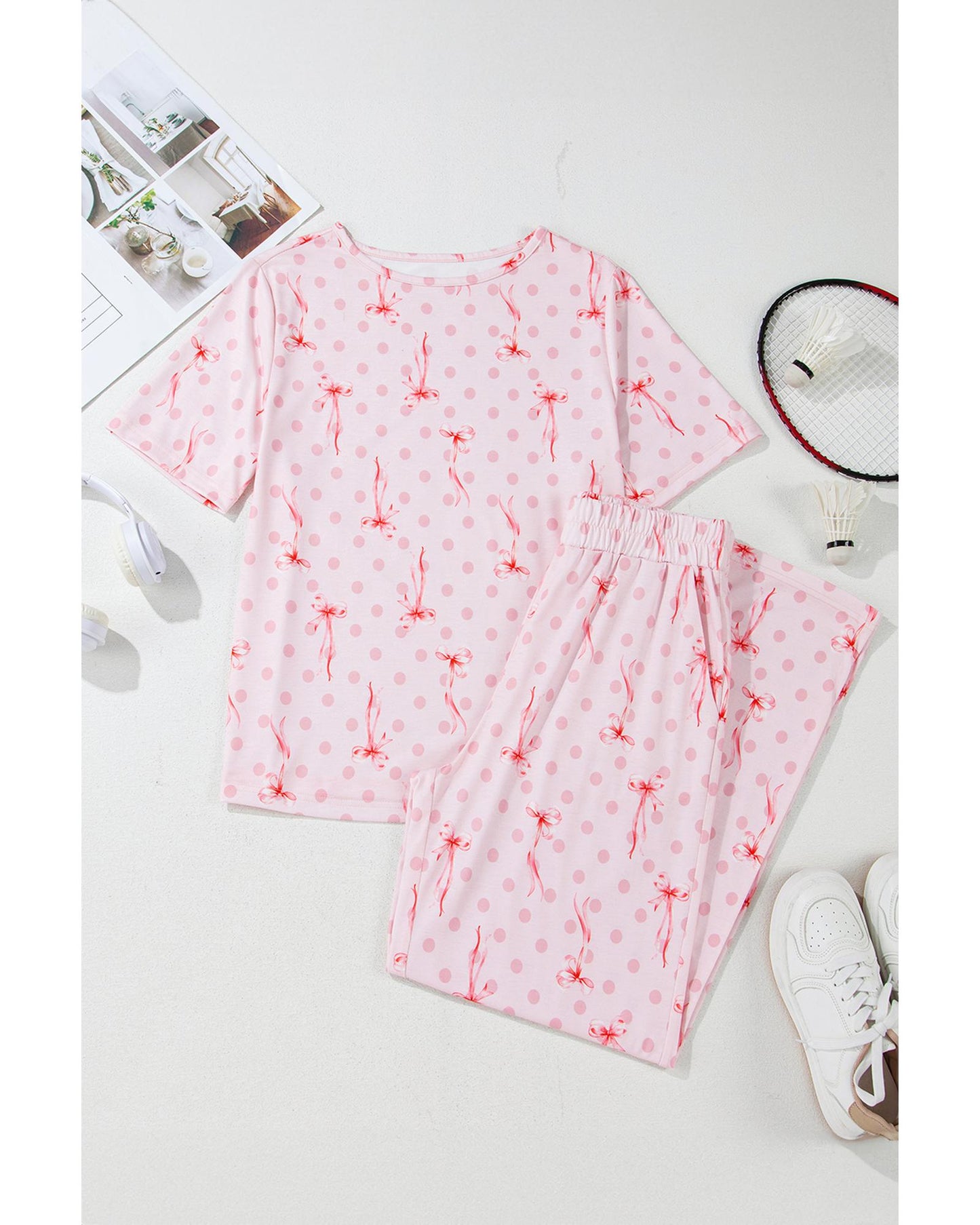 Pink Bow Knot Polka Dot Print Short Sleeve Top Lounge Set - S