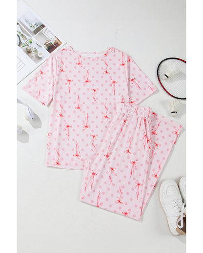 Pink Bow Knot Polka Dot Print Short Sleeve Top Lounge Set - S