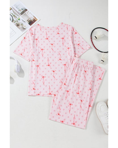 Pink Bow Knot Polka Dot Print Short Sleeve Top Lounge Set - S