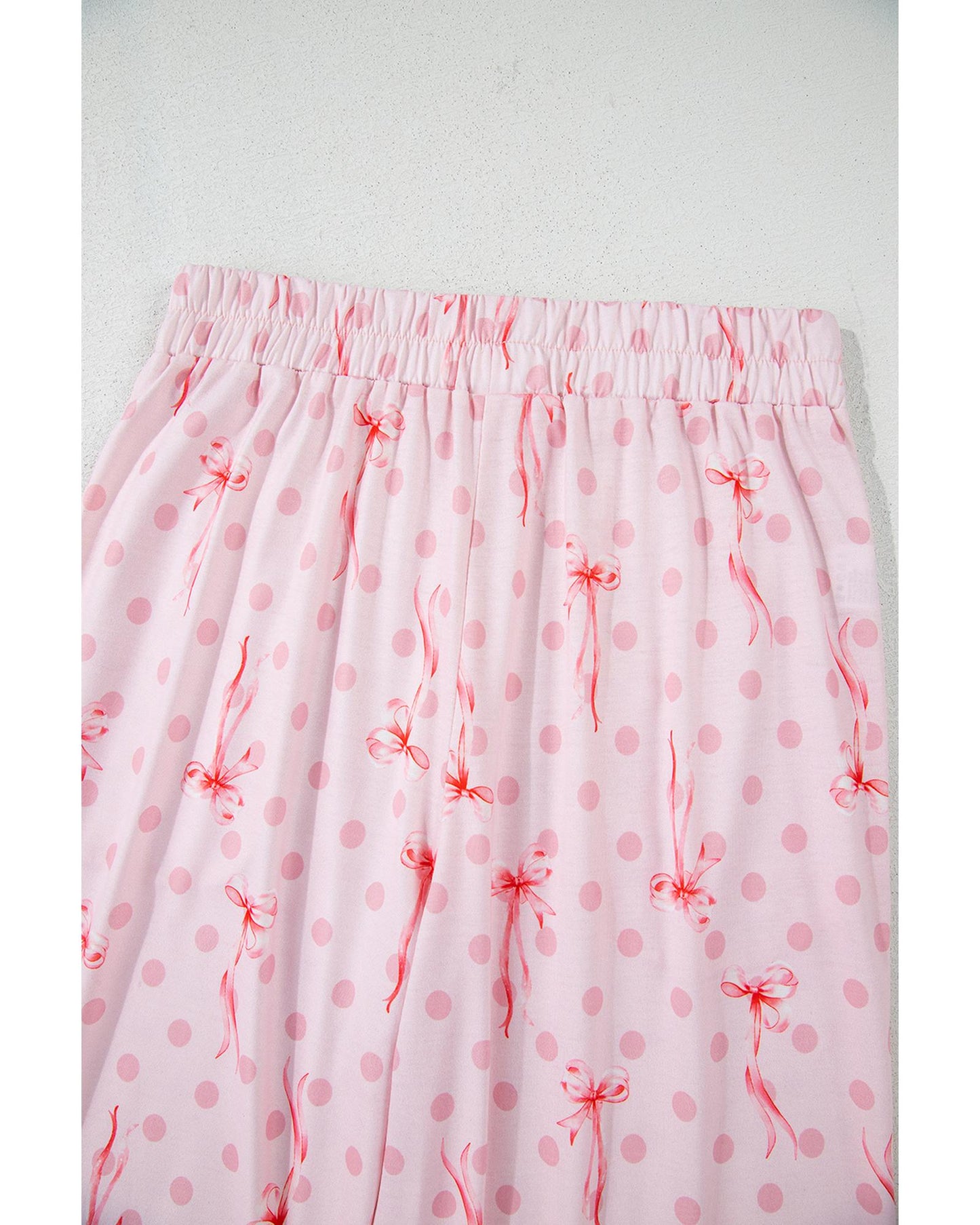 Pink Bow Knot Polka Dot Print Short Sleeve Top Lounge Set - S