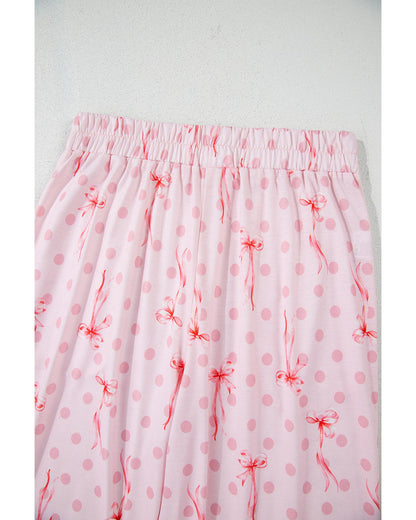 Pink Bow Knot Polka Dot Print Short Sleeve Top Lounge Set - S