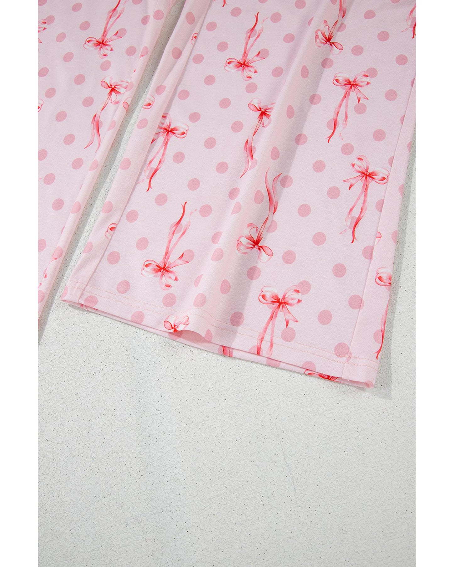 Pink Bow Knot Polka Dot Print Short Sleeve Top Lounge Set - S