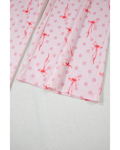 Pink Bow Knot Polka Dot Print Short Sleeve Top Lounge Set - S