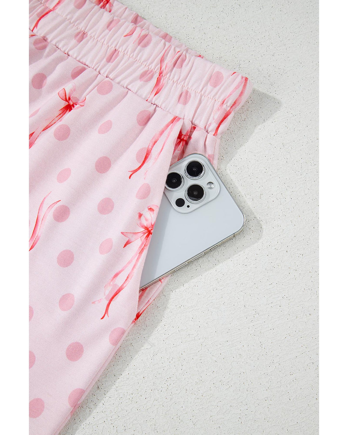 Pink Bow Knot Polka Dot Print Short Sleeve Top Lounge Set - S