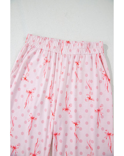 Pink Bow Knot Polka Dot Print Short Sleeve Top Lounge Set - S