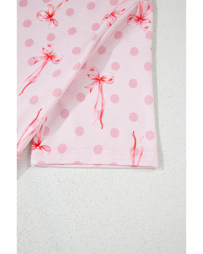 Pink Bow Knot Polka Dot Print Short Sleeve Top Lounge Set - S