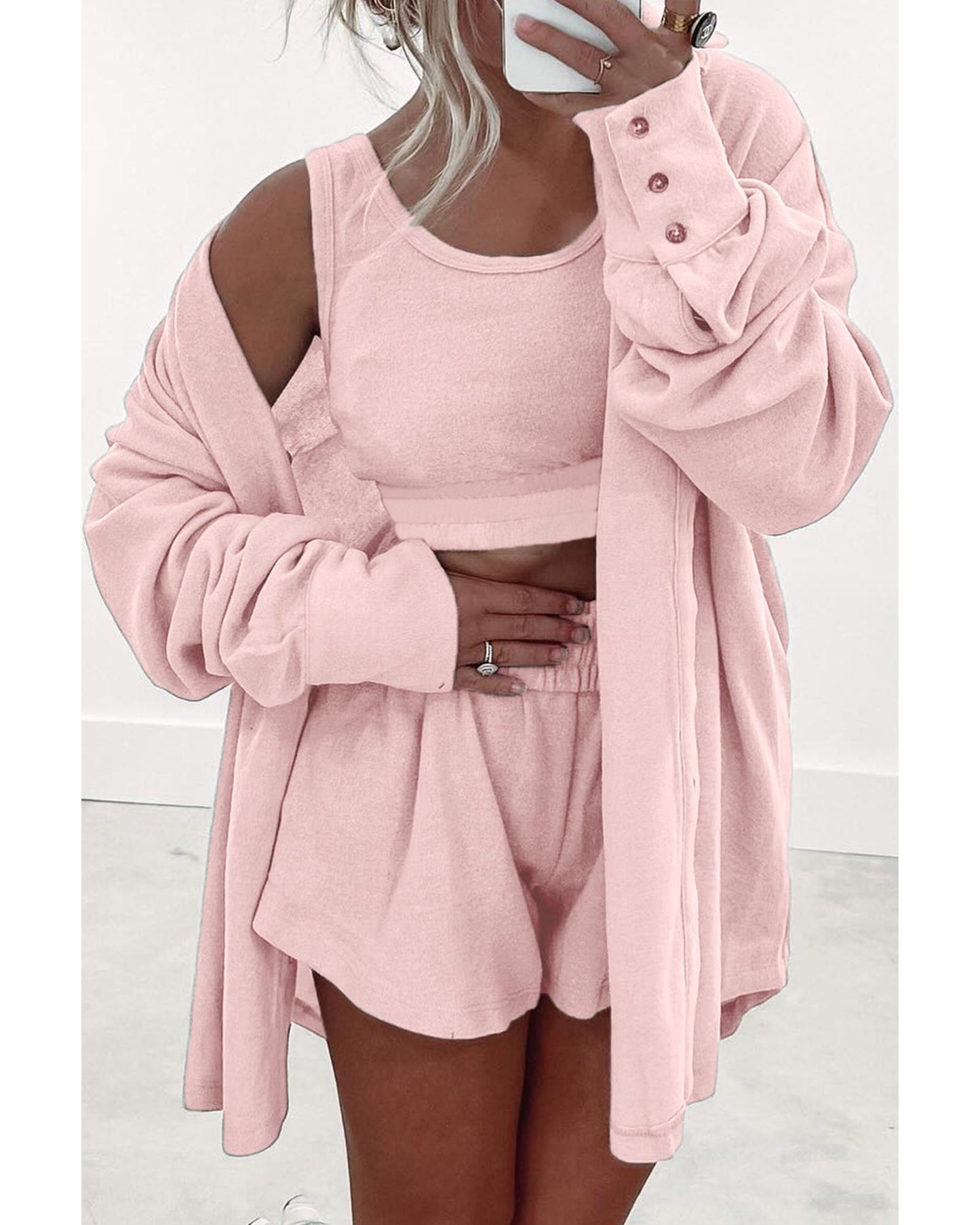 Light Pink 3 Pcs Crop Tank Top Shorts with Cardigan Lounge Set - S