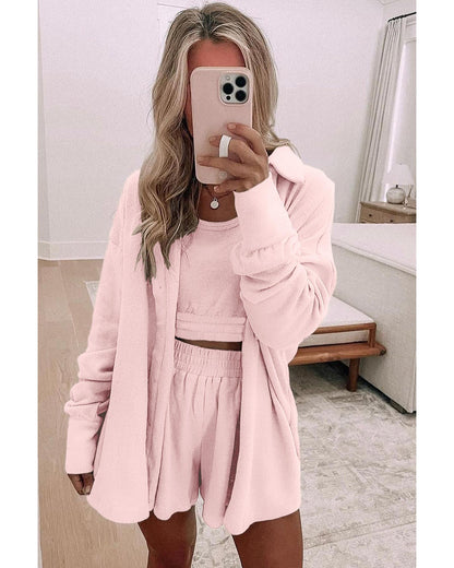 Light Pink 3 Pcs Crop Tank Top Shorts with Cardigan Lounge Set - S