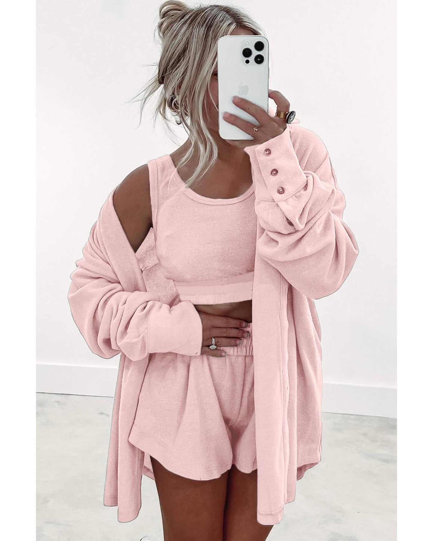 Light Pink 3 Pcs Crop Tank Top Shorts with Cardigan Lounge Set - S