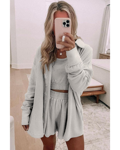 Gray 3 Pcs Crop Tank Top Shorts with Cardigan Lounge Set - M