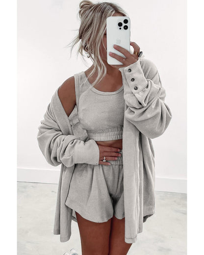 Gray 3 Pcs Crop Tank Top Shorts with Cardigan Lounge Set - M
