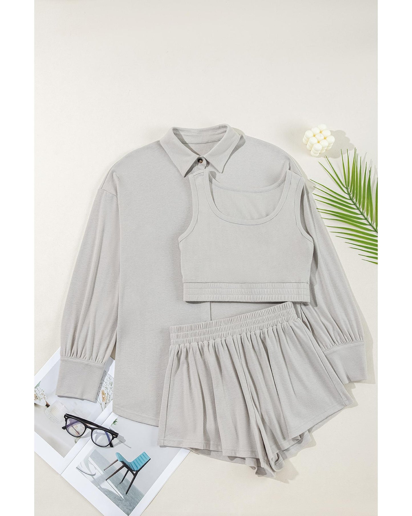 Gray 3 Pcs Crop Tank Top Shorts with Cardigan Lounge Set - M