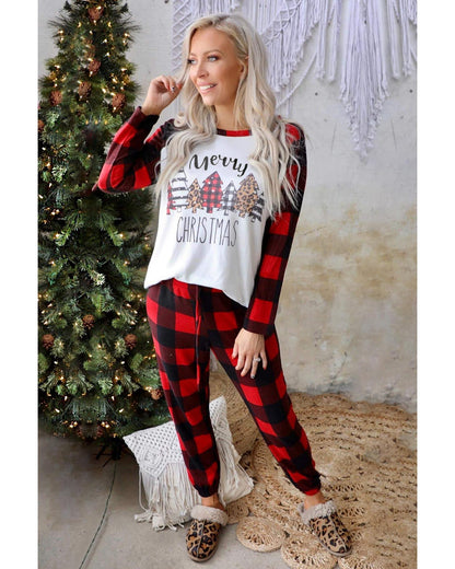Red Plaid Merry Christmas Graphic Loungewear Set - S