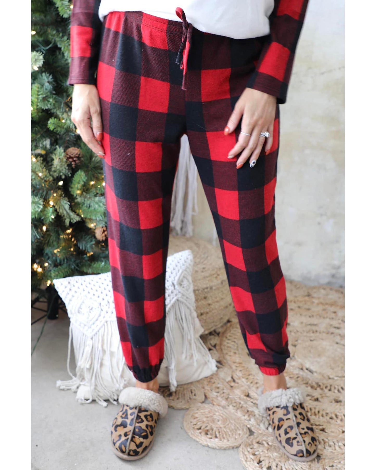 Red Plaid Merry Christmas Graphic Loungewear Set - S