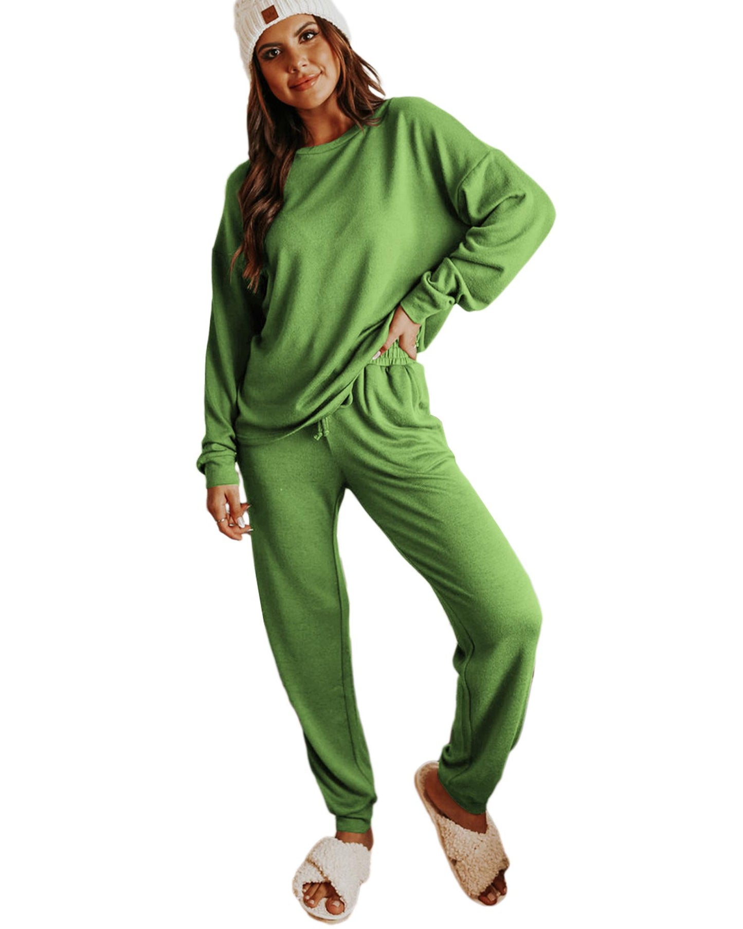 Spinach Green Long Sleeve Pullover and Jogger Pants Lounge Set - S
