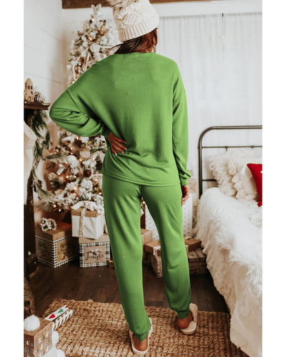 Spinach Green Long Sleeve Pullover and Jogger Pants Lounge Set - S