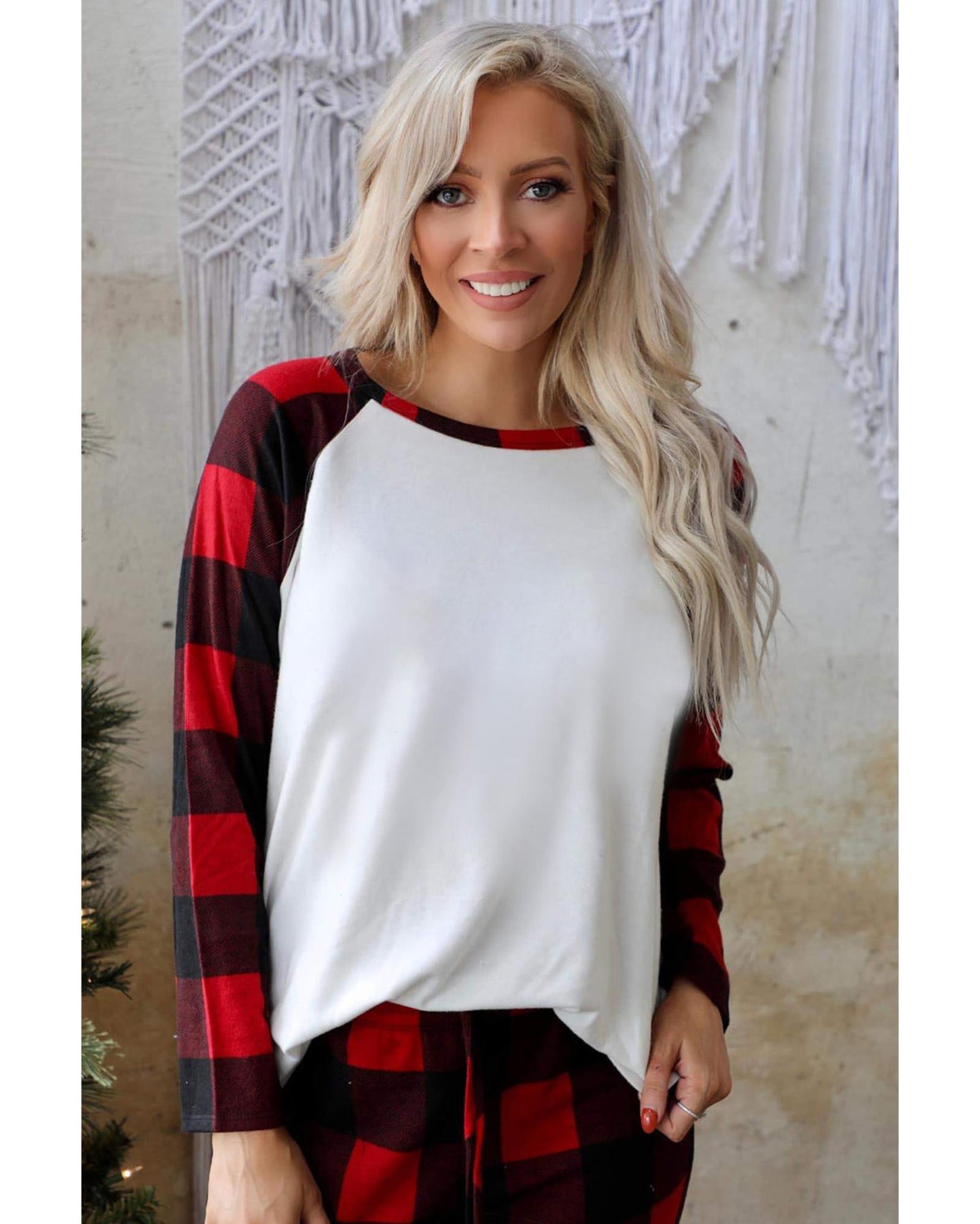 Red Plaid Raglan Sleeves Top and Drawstring Pants Lounge Set - M