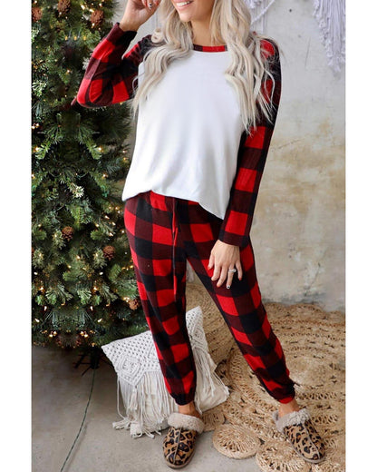 Red Plaid Raglan Sleeves Top and Drawstring Pants Lounge Set - M