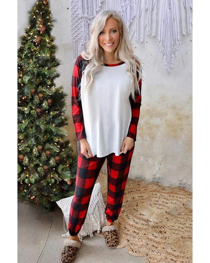 Red Plaid Raglan Sleeves Top and Drawstring Pants Lounge Set - M