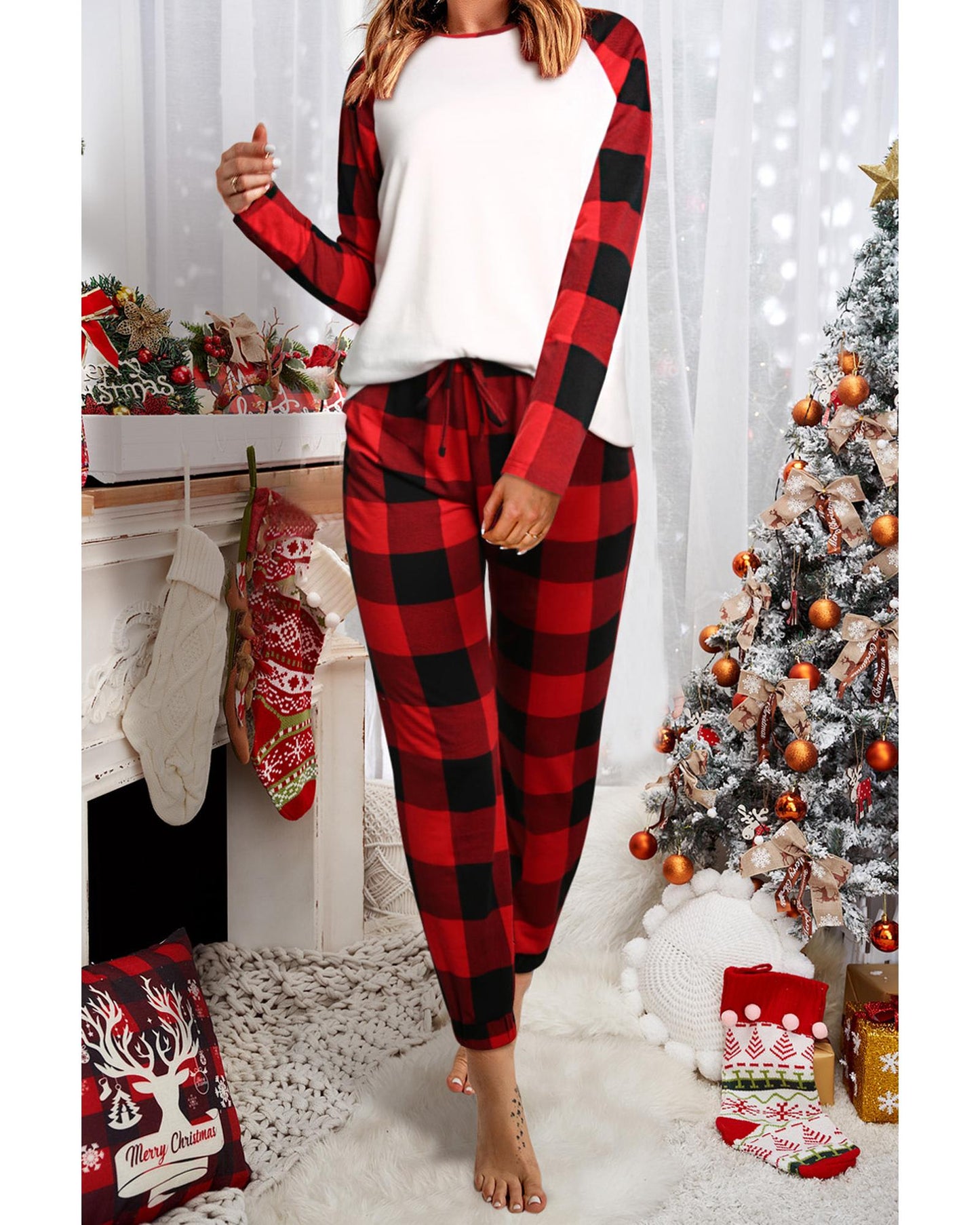 Red Plaid Raglan Sleeves Top and Drawstring Pants Lounge Set - M