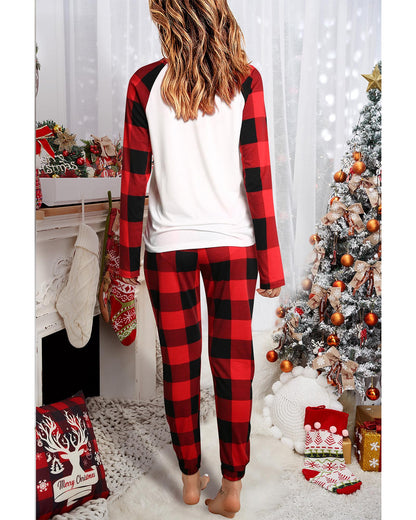 Red Plaid Raglan Sleeves Top and Drawstring Pants Lounge Set - M