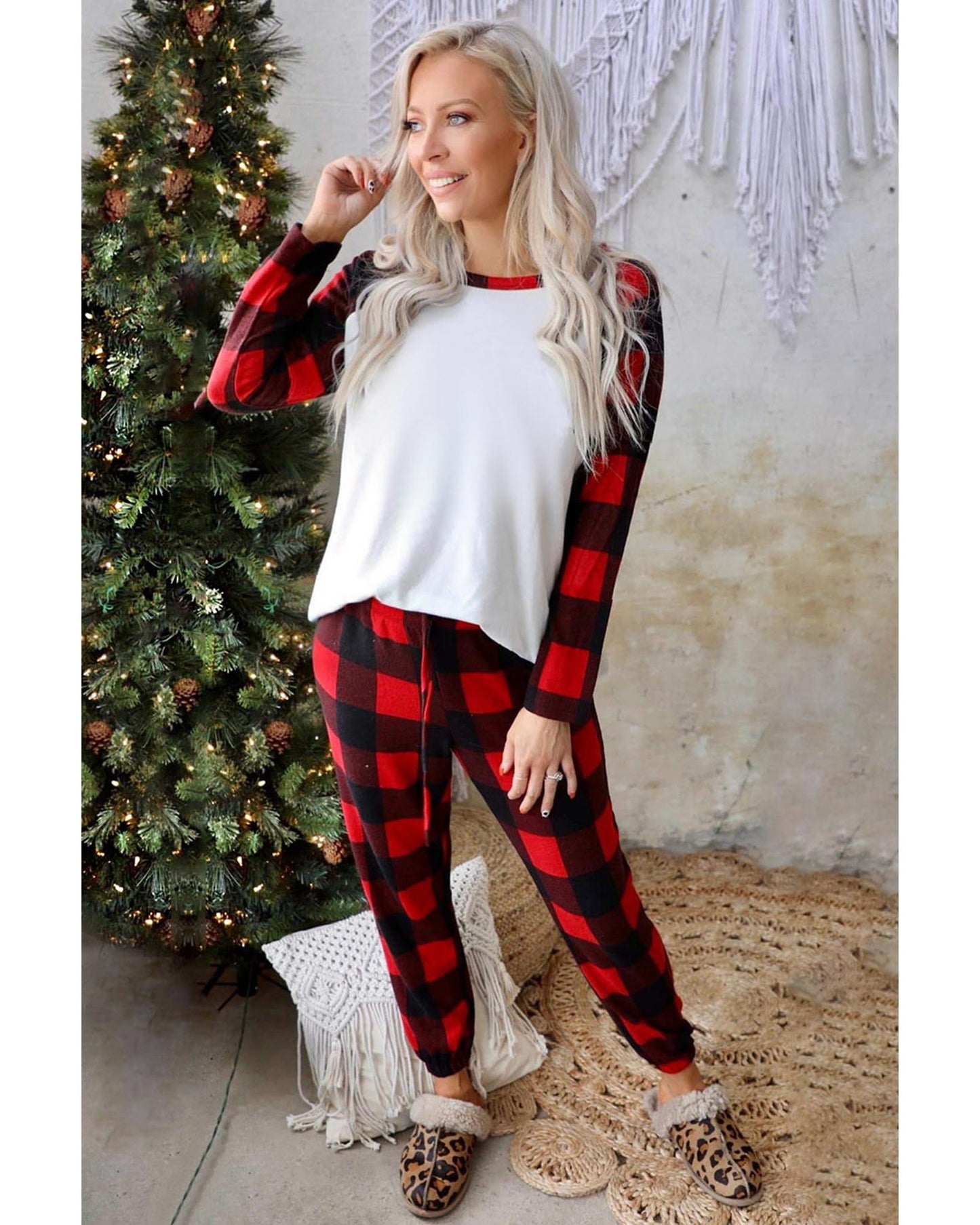 Red Plaid Raglan Sleeves Top and Drawstring Pants Lounge Set - M