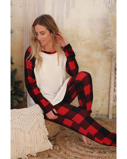 Red Plaid Raglan Sleeves Top and Drawstring Pants Lounge Set - M