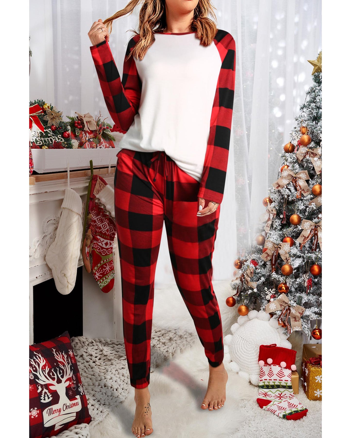 Red Plaid Raglan Sleeves Top and Drawstring Pants Lounge Set - M