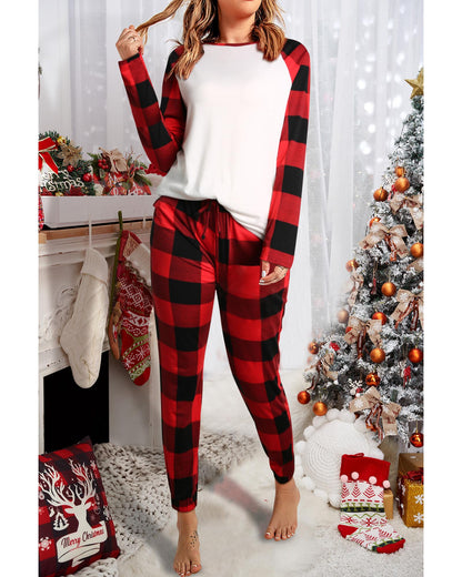 Red Plaid Raglan Sleeves Top and Drawstring Pants Lounge Set - M