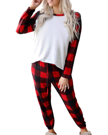 Red Plaid Raglan Sleeves Top and Drawstring Pants Lounge Set - M