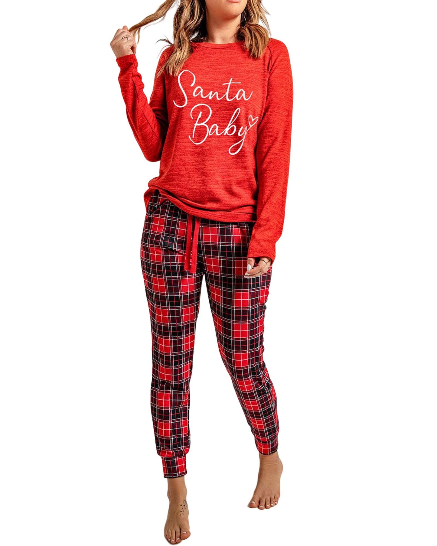 Red Santa Baby Plaid Print Two Piece Pajama Set - S