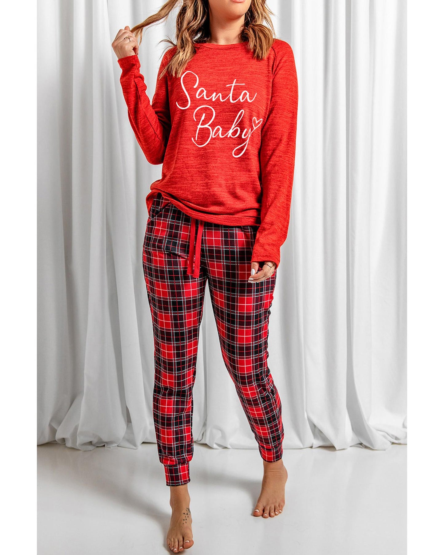 Red Santa Baby Plaid Print Two Piece Pajama Set - S