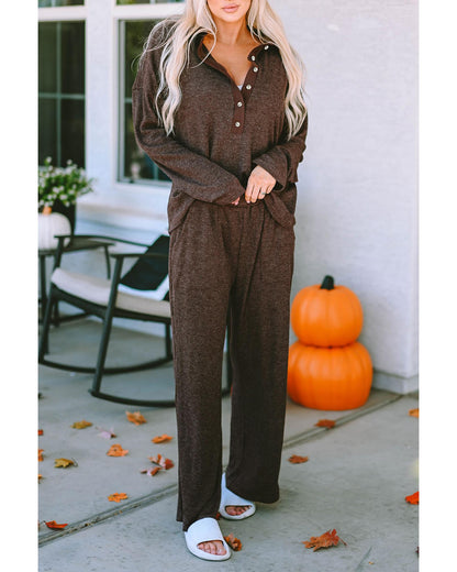 Brown Ribbed Knit Collared Henley Top and Pants Lounge Outfit - S