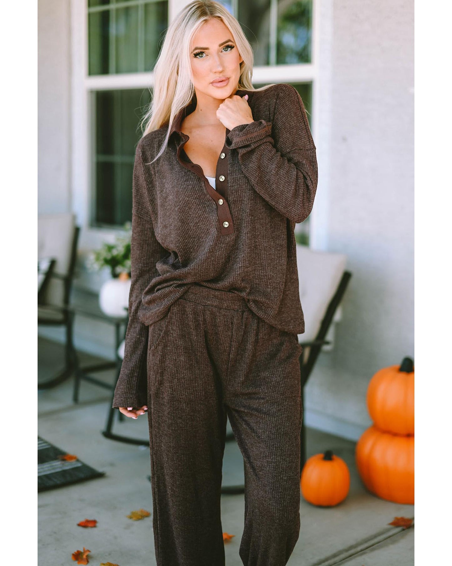 Brown Ribbed Knit Collared Henley Top and Pants Lounge Outfit - S