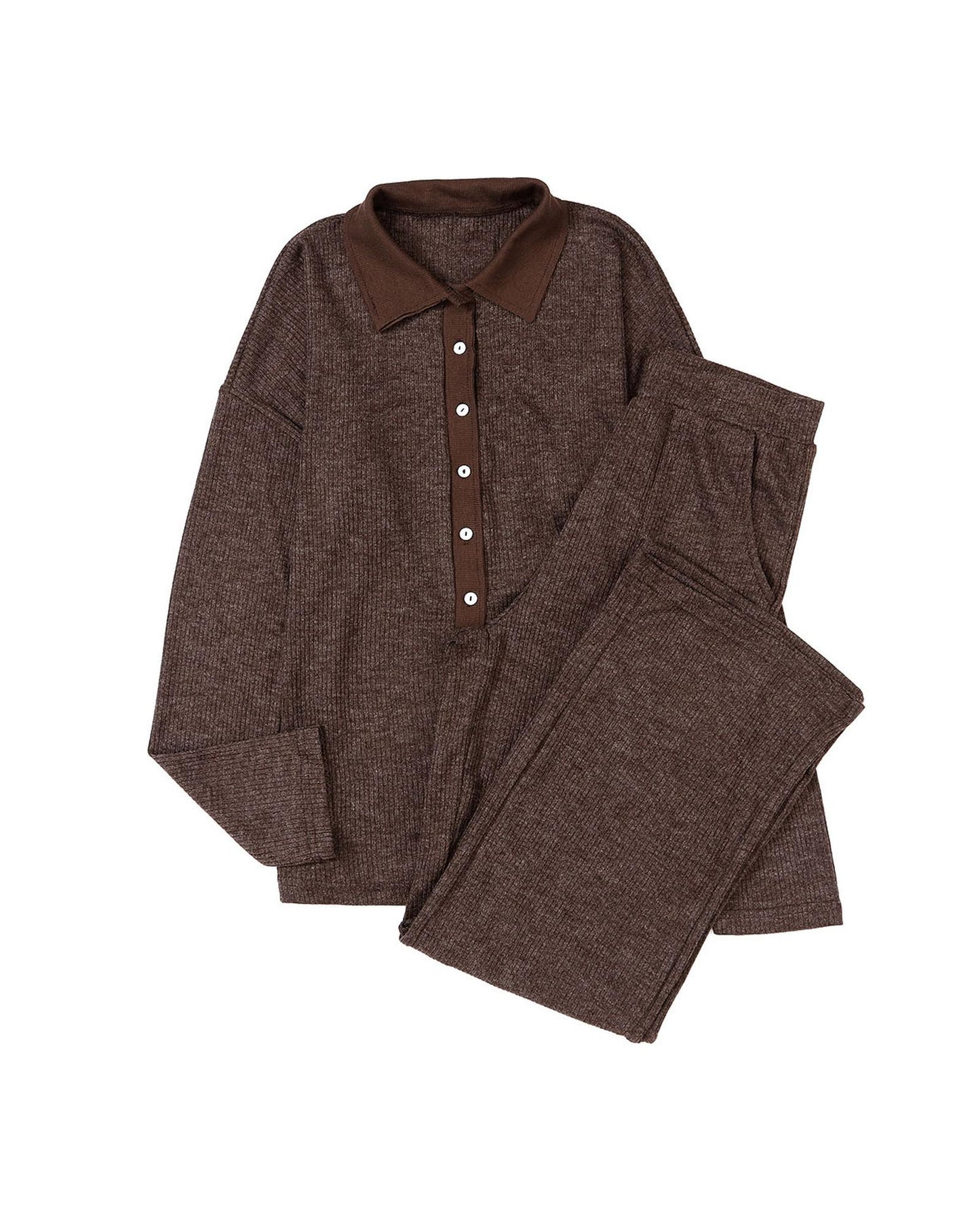 Brown Ribbed Knit Collared Henley Top and Pants Lounge Outfit - S