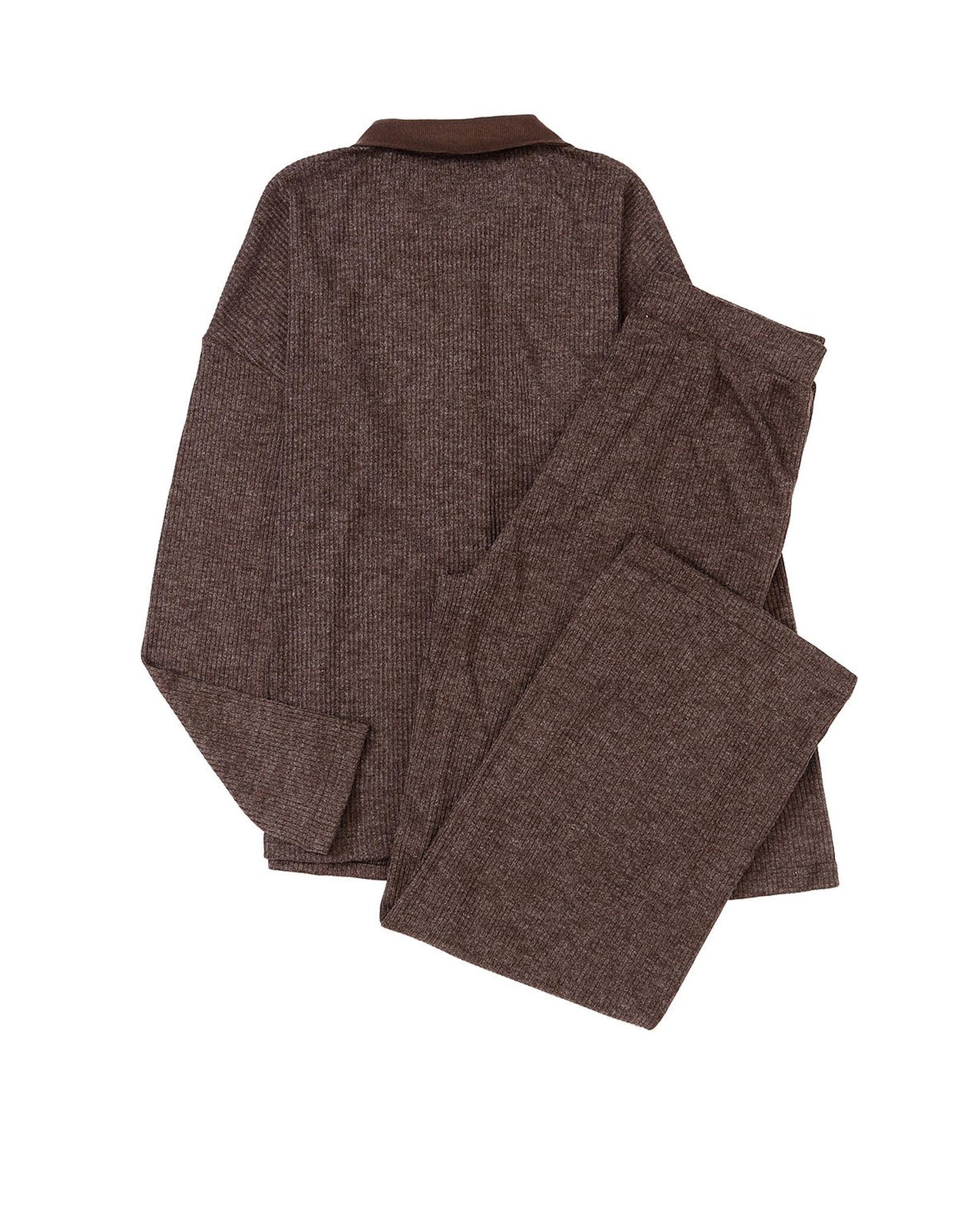 Brown Ribbed Knit Collared Henley Top and Pants Lounge Outfit - S