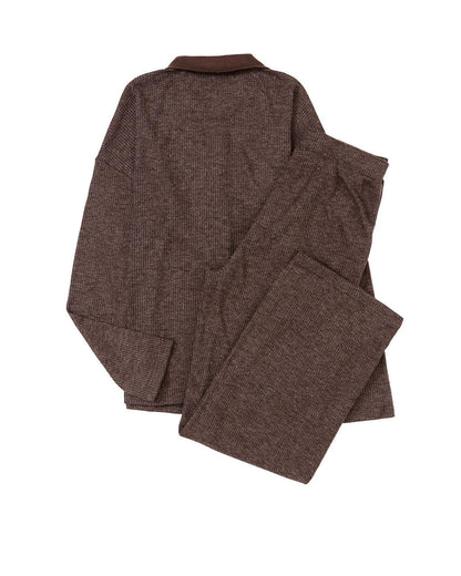 Brown Ribbed Knit Collared Henley Top and Pants Lounge Outfit - S