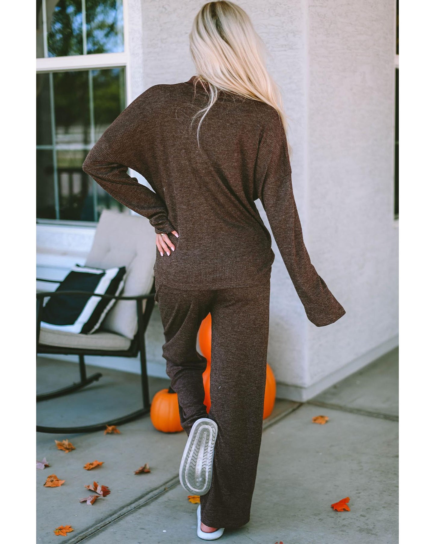 Brown Ribbed Knit Collared Henley Top and Pants Lounge Outfit - S