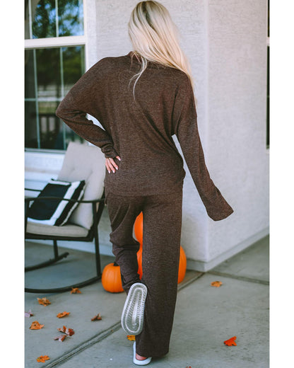 Brown Ribbed Knit Collared Henley Top and Pants Lounge Outfit - S