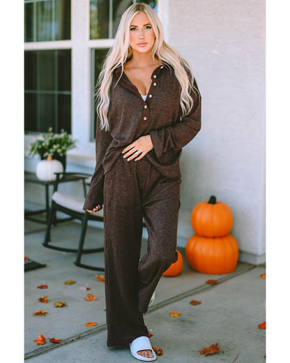 Brown Ribbed Knit Collared Henley Top and Pants Lounge Outfit - S