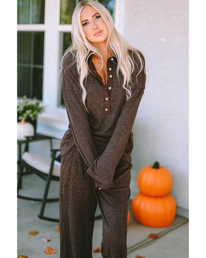 Brown Ribbed Knit Collared Henley Top and Pants Lounge Outfit - S