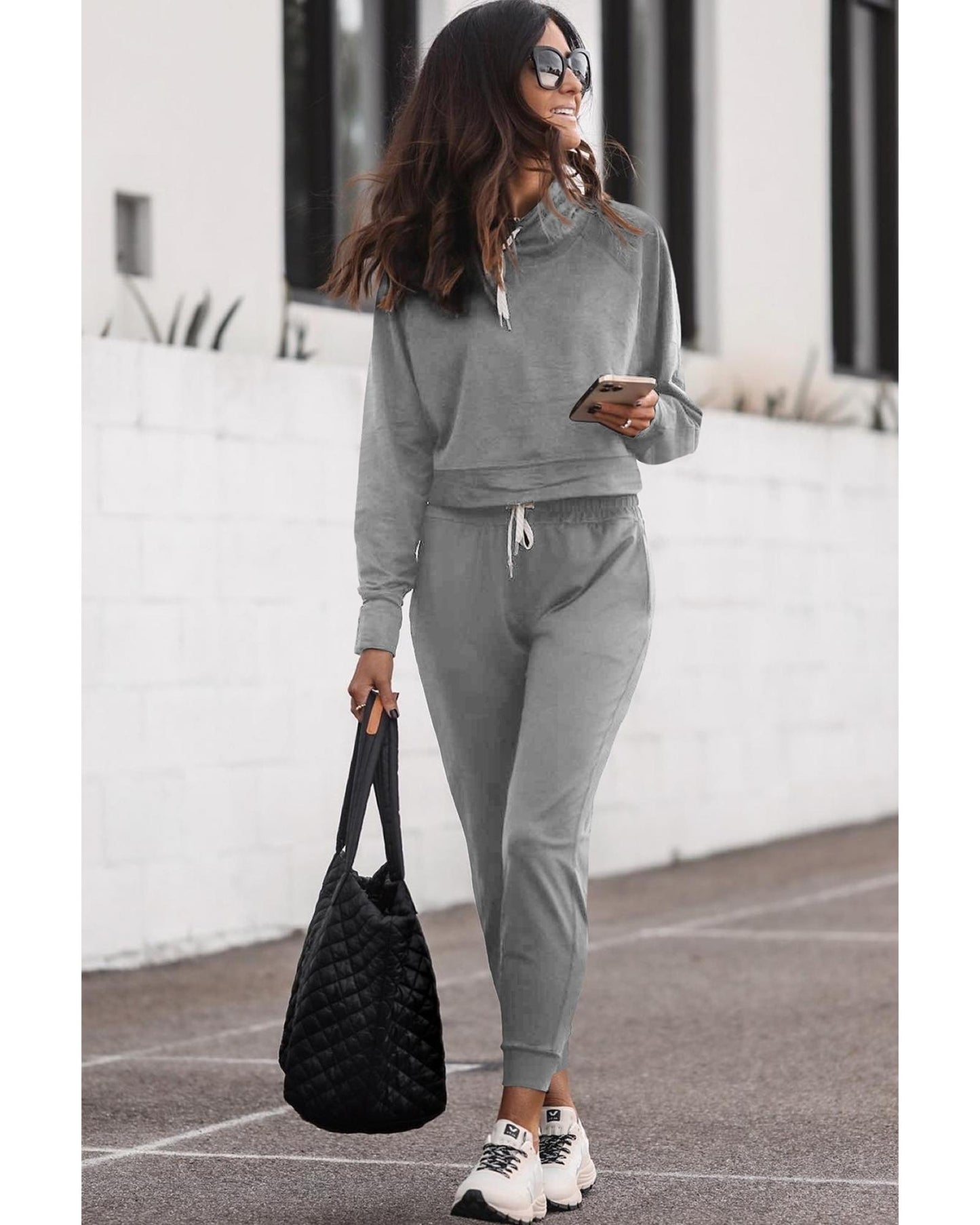 Gray Drawstring Hoodie and High Waist Pants Lounge Set - L