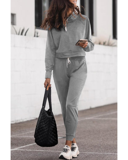 Gray Drawstring Hoodie and High Waist Pants Lounge Set - L