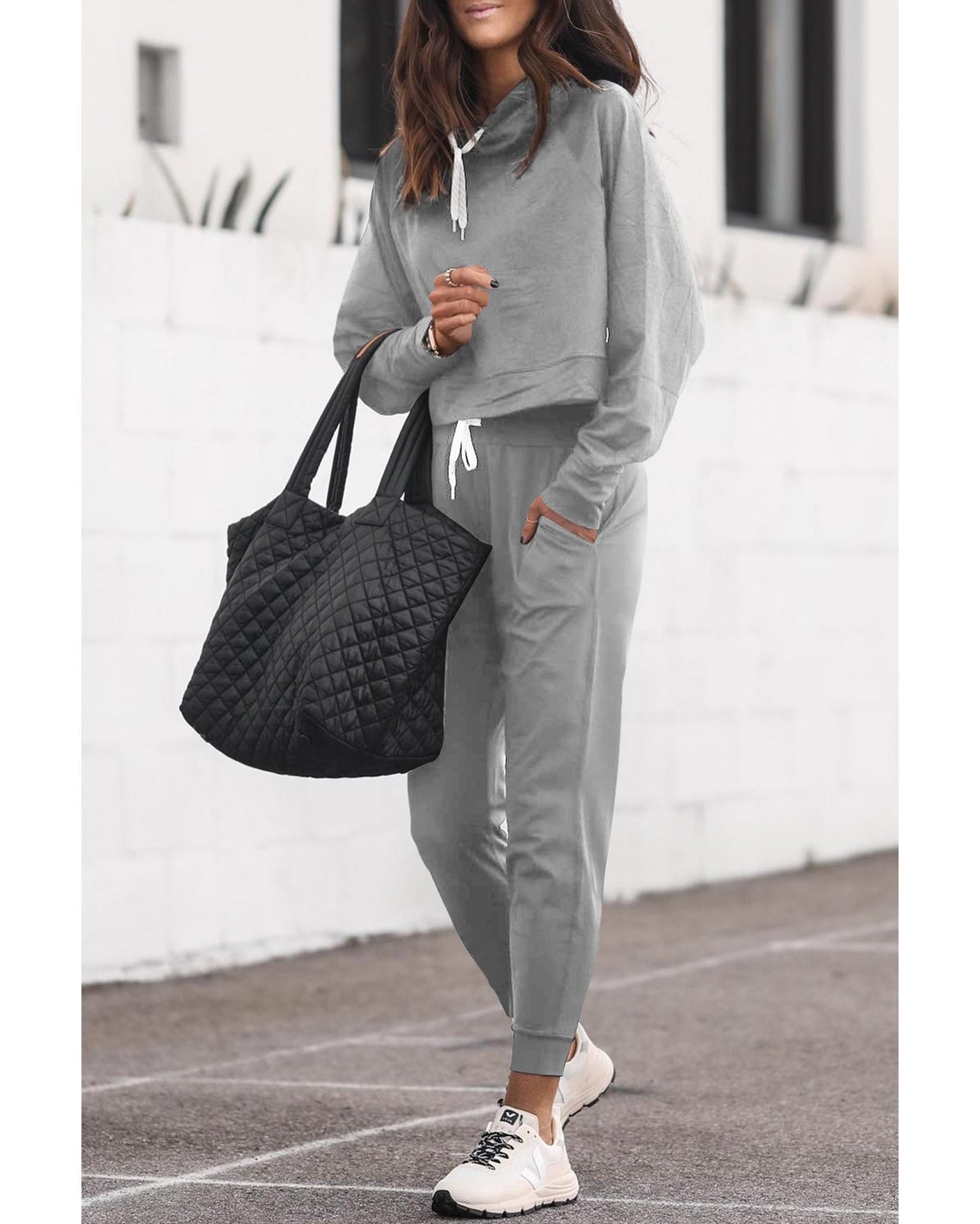 Gray Drawstring Hoodie and High Waist Pants Lounge Set - L
