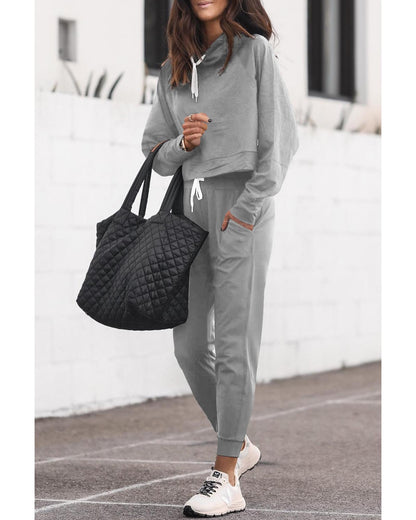 Gray Drawstring Hoodie and High Waist Pants Lounge Set - L