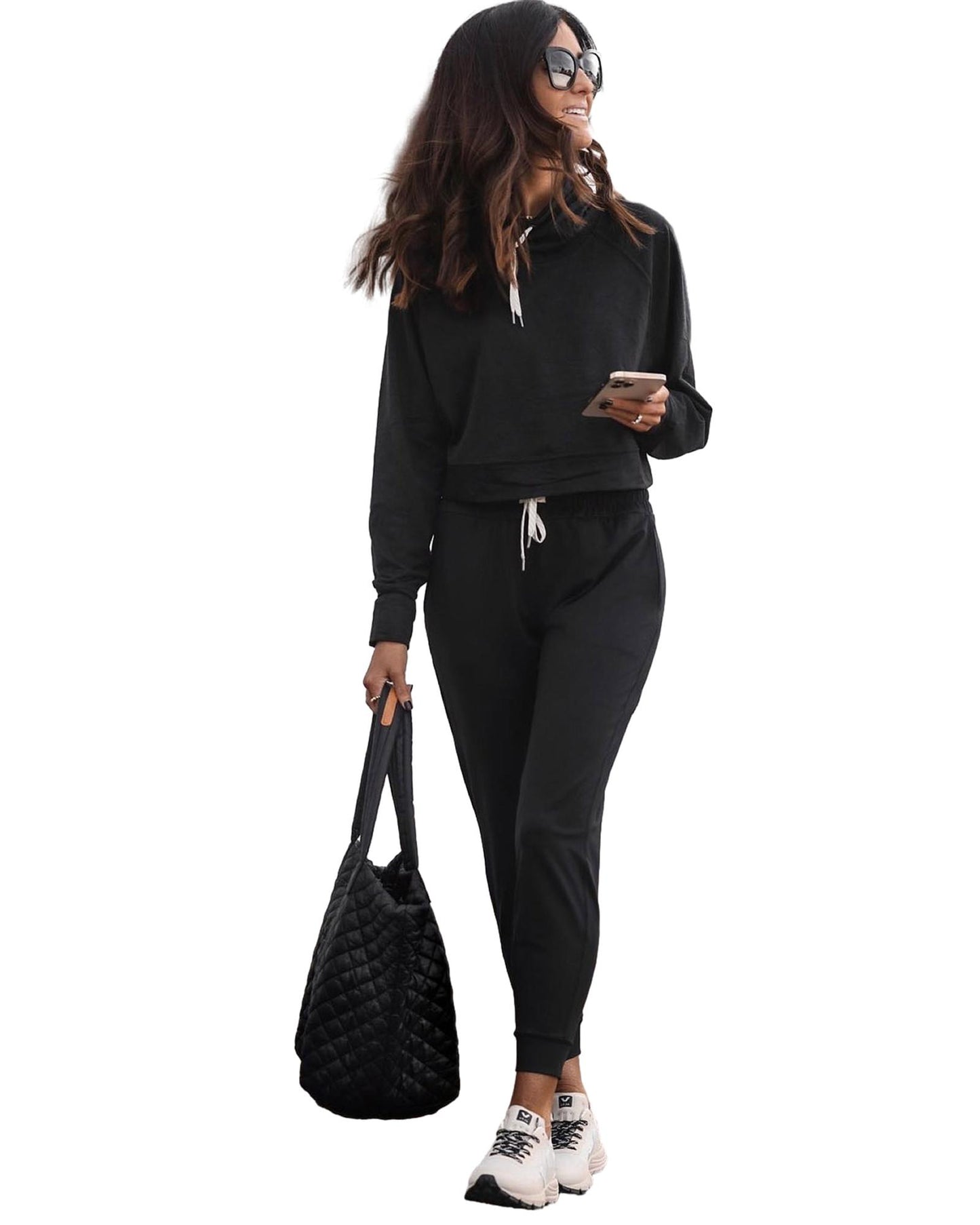 Black Drawstring Hoodie and High Waist Pants Lounge Set - L