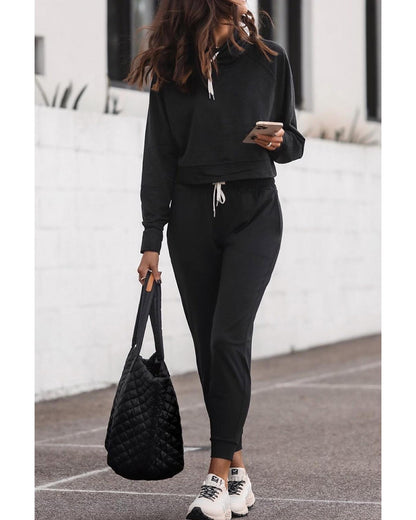 Black Drawstring Hoodie and High Waist Pants Lounge Set - L
