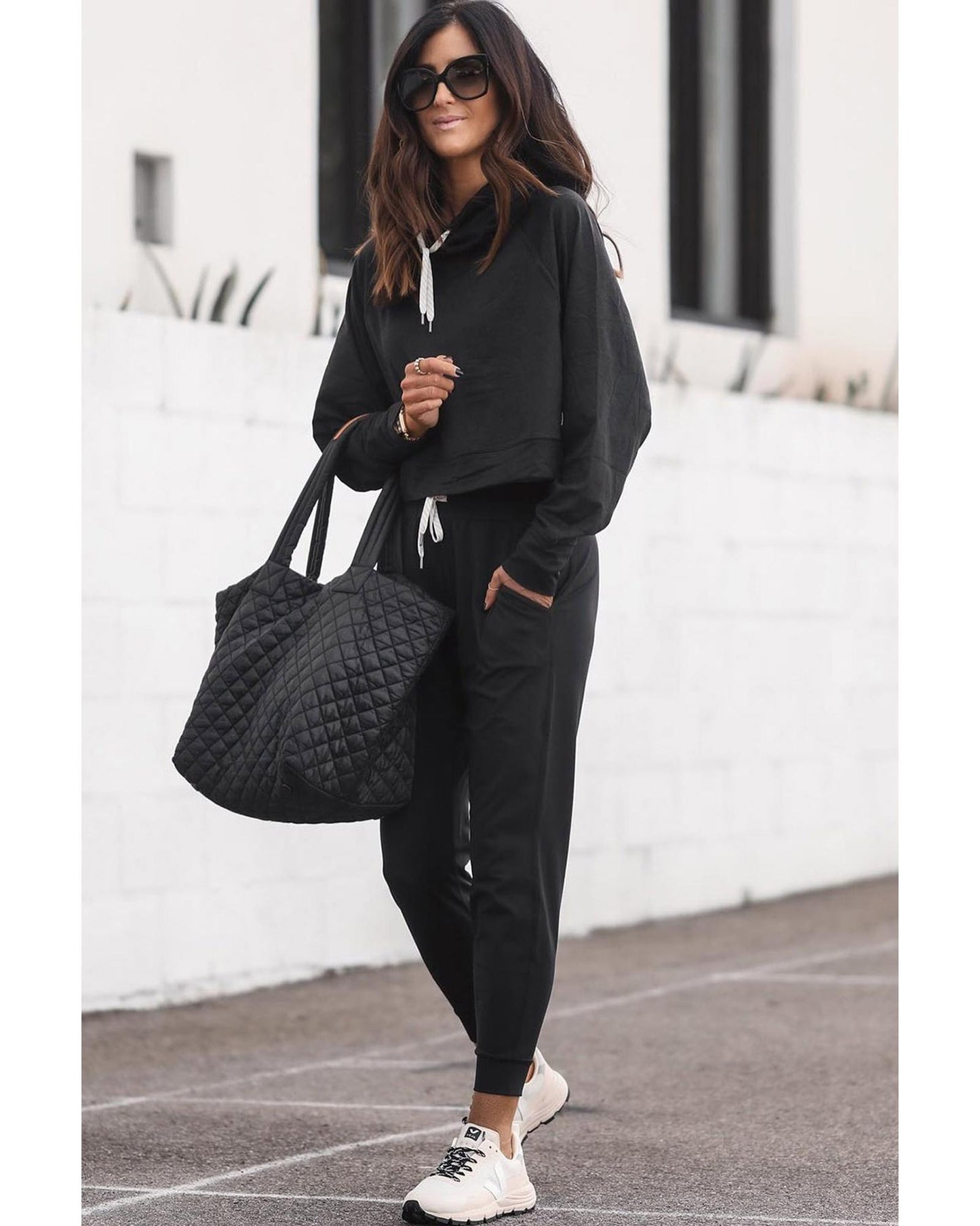 Black Drawstring Hoodie and High Waist Pants Lounge Set - L